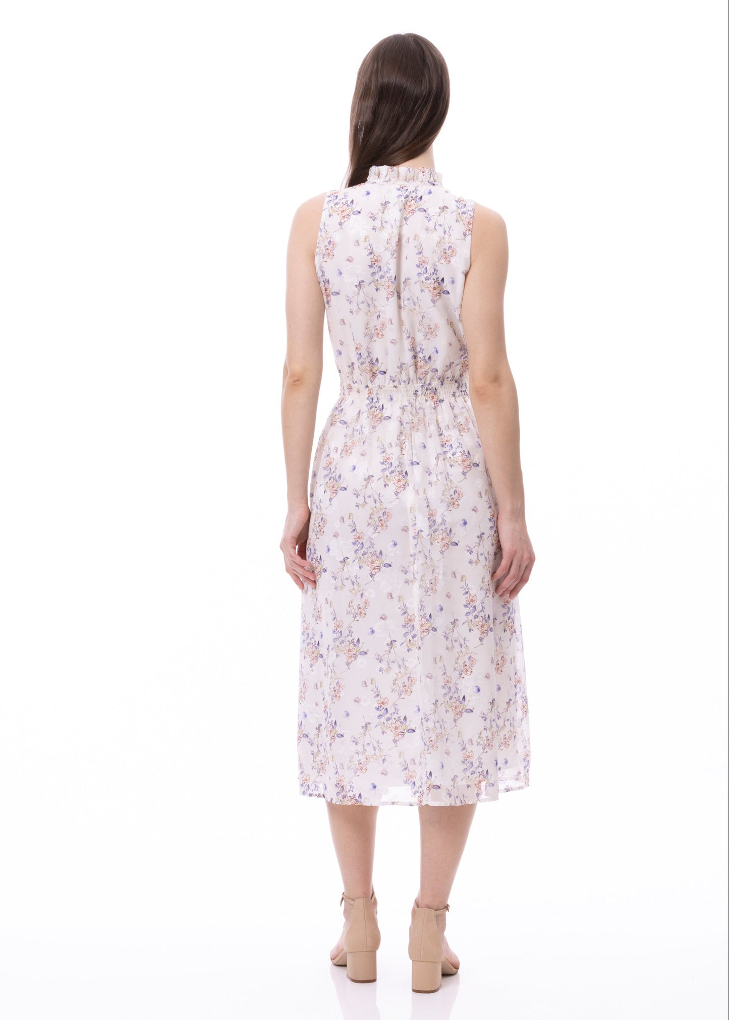 Ärmelloses Kleid mit gesmokter Taille, Bindebändern vorne und Taschen im Romantic Garden Print