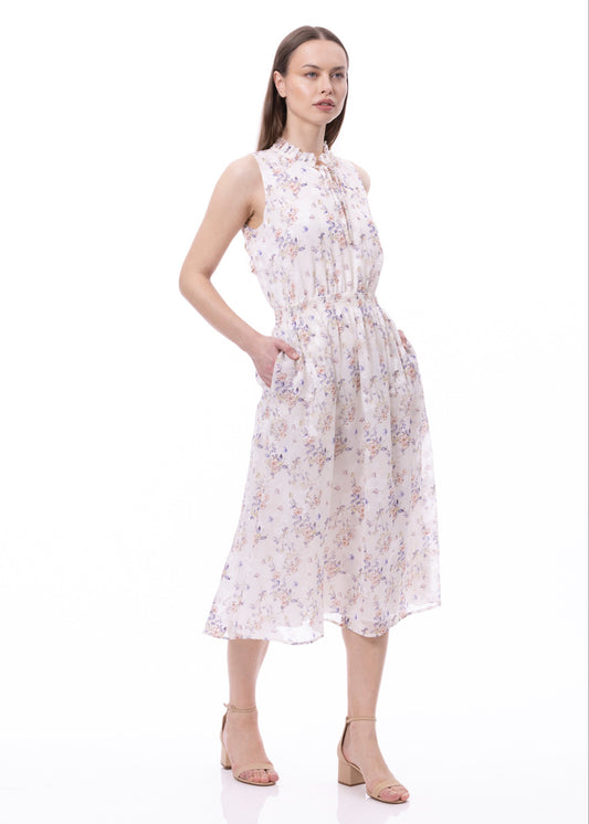 Sleeveless Smocked Waist Tie Front Dress With Pockets In Romantic Garden Print