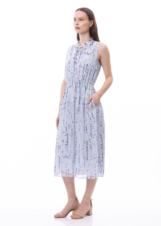 Sleeveless Smocked Waist Tie Front Dress With Pockets (Print)