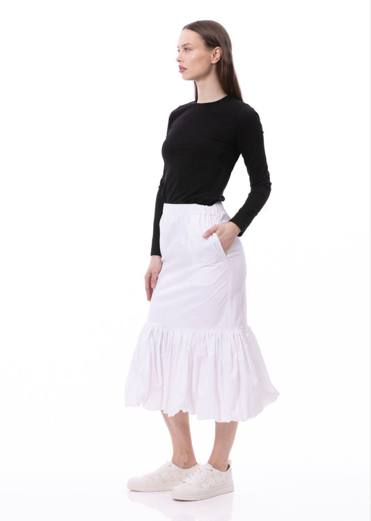 Balloon Flounce Elasticized Waist Sheath Cotton Skirt With Pockets In Cotton White Solid
