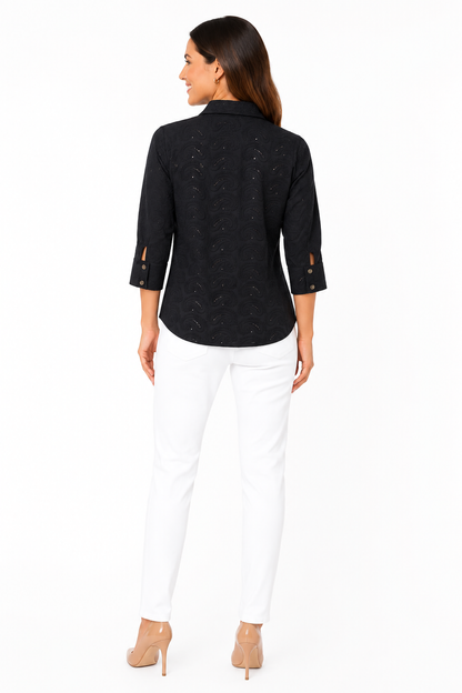 Bestickte Baumwollbluse mit V-Ausschnitt, kurzen Ärmeln, Schwarz, Unifarben