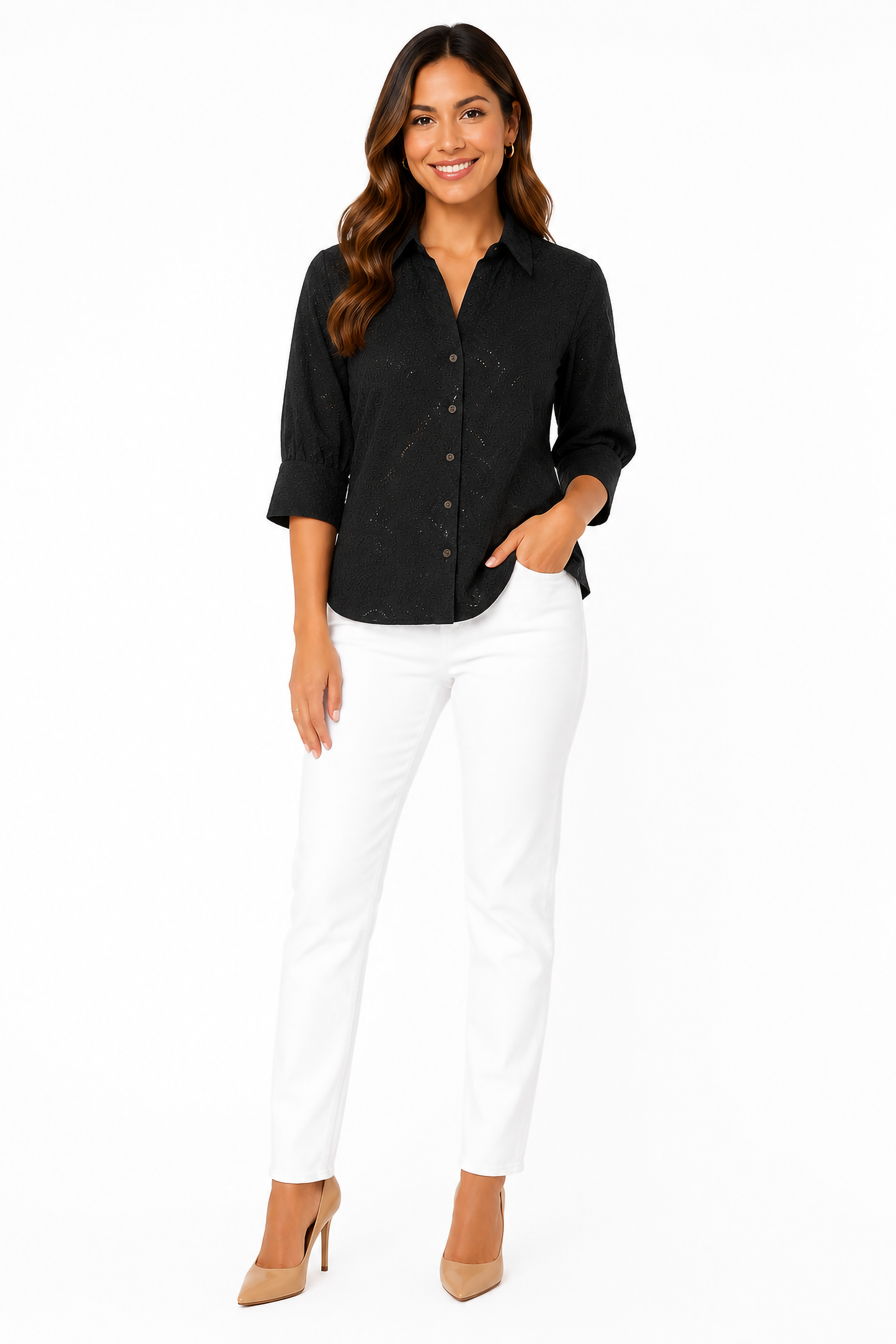 Bestickte Baumwollbluse mit V-Ausschnitt, kurzen Ärmeln, Schwarz, Unifarben
