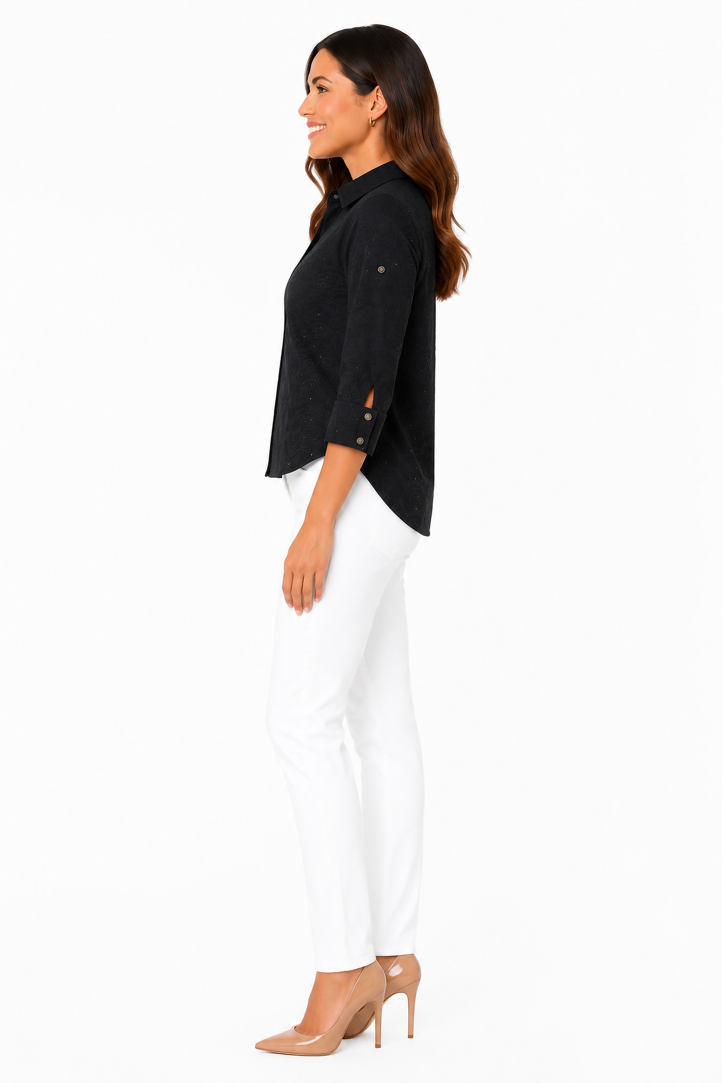 Bestickte Baumwollbluse mit V-Ausschnitt, kurzen Ärmeln, Schwarz, Unifarben