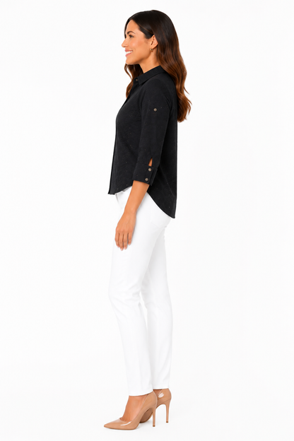 Bestickte Baumwollbluse mit V-Ausschnitt, kurzen Ärmeln, Schwarz, Unifarben