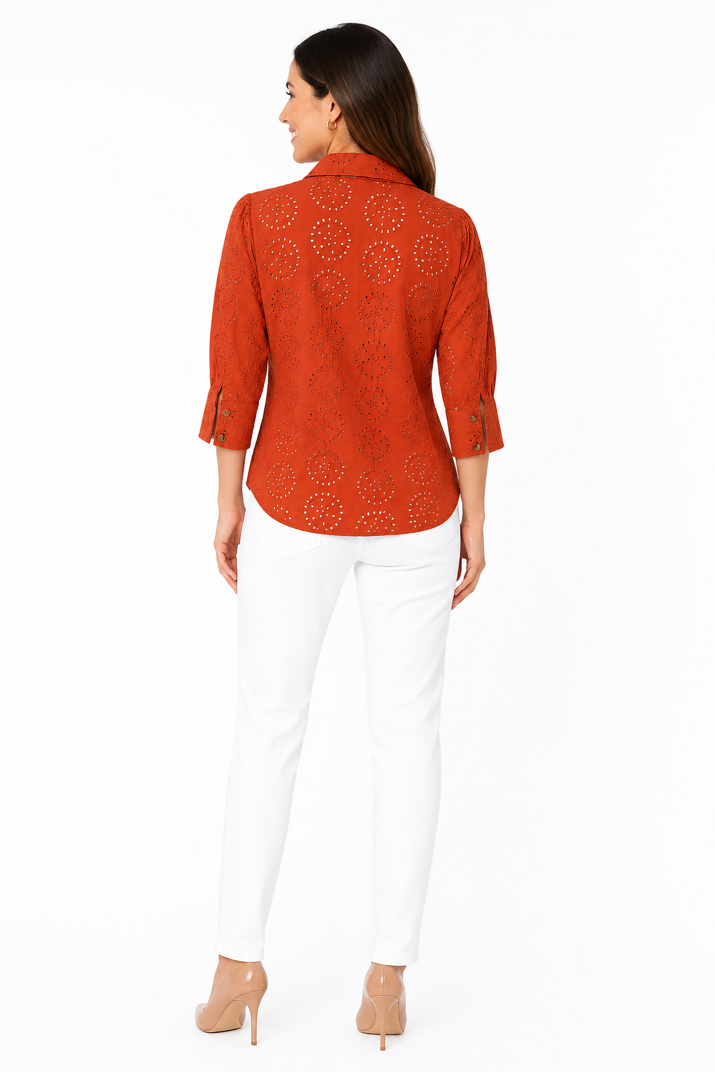 Bestickte Baumwoll-V-Ausschnitt Kurzarm-Shirt-Bluse in Rostrot Uni