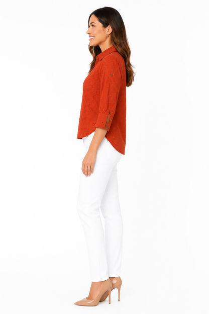 Bestickte Baumwoll-V-Ausschnitt Kurzarm-Shirt-Bluse in Rostrot Uni