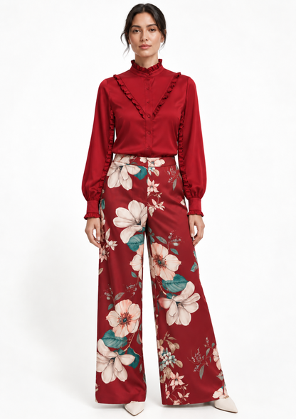 Pleat Dart Detail Pullover Satin Palazzo Wide leg Pants In Burgundy Multi Romantic Floral Print