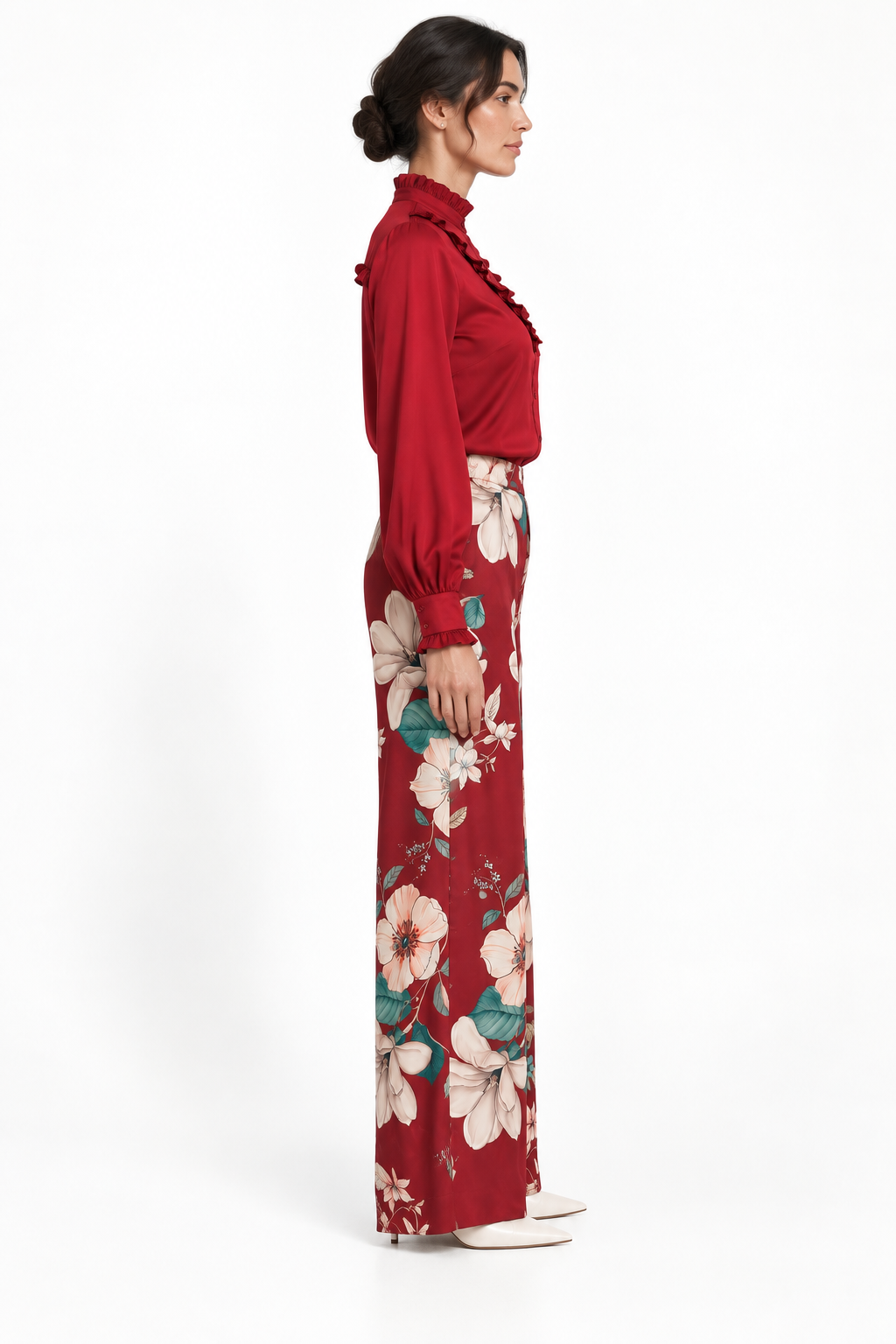 Pleat Dart Detail Pullover Satin Palazzo Wide leg Pants In Burgundy Multi Romantic Floral Print