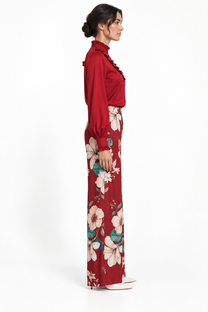 Pleat Dart Detail Pullover Satin Palazzo Wide leg Pants In Burgundy Multi Romantic Floral Print