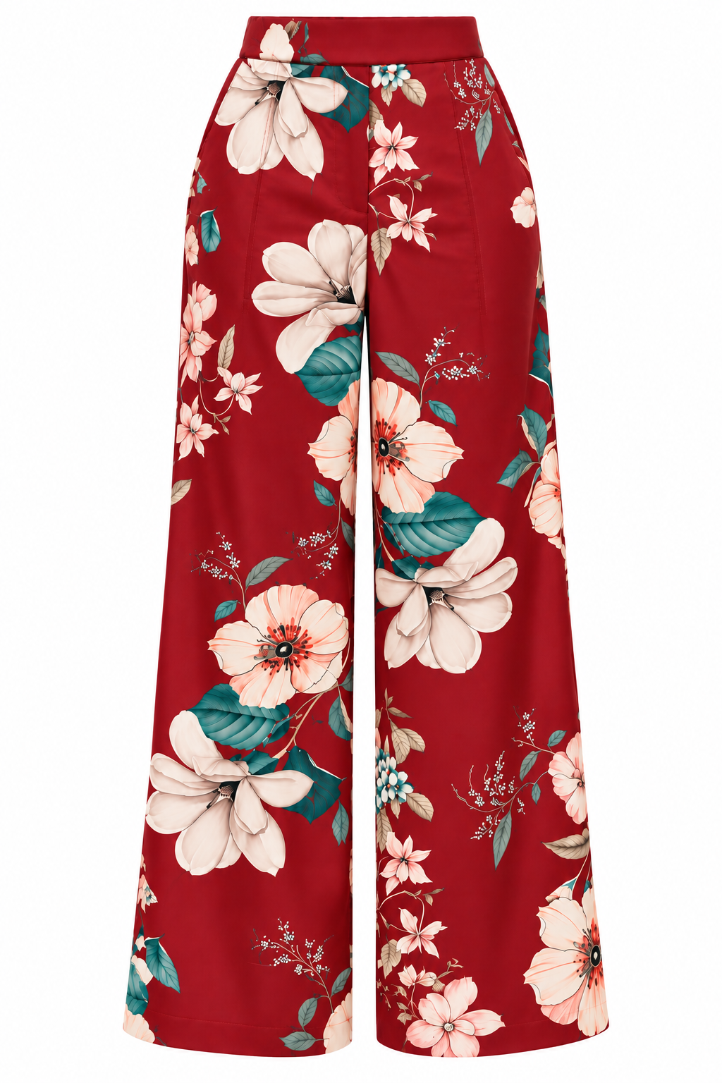 Pleat Dart Detail Pullover Satin Palazzo Wide leg Pants In Burgundy Multi Romantic Floral Print