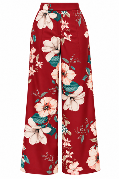 Pleat Dart Detail Pullover Satin Palazzo Wide leg Pants In Burgundy Multi Romantic Floral Print