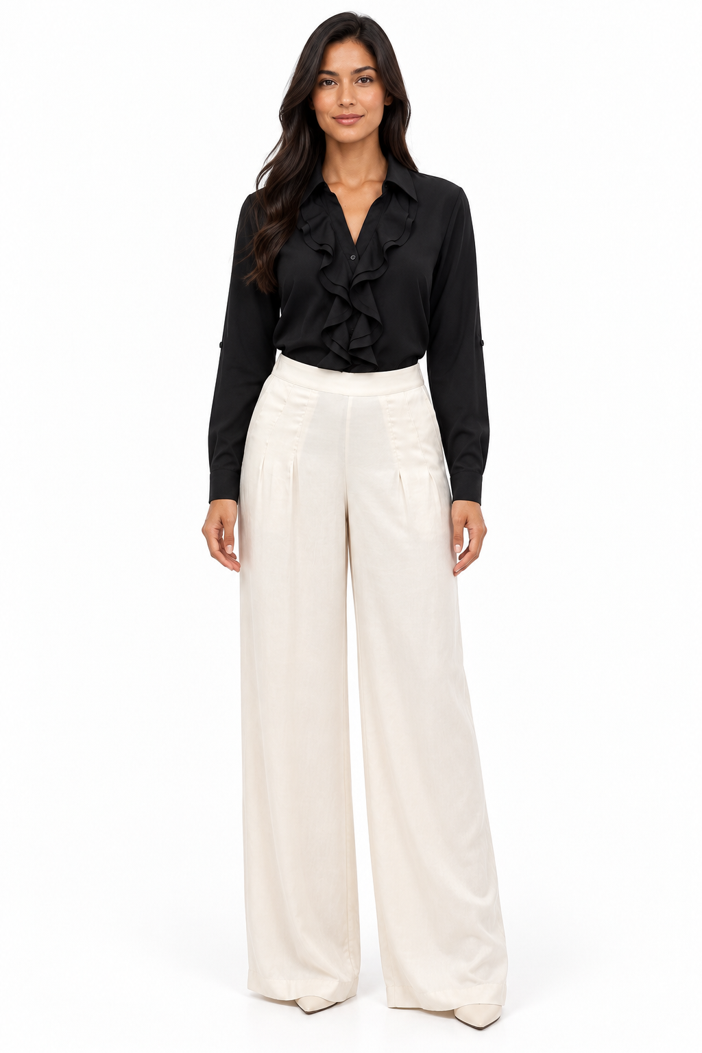 Pleat Dart Detail Pullover Satin Palazzo Wide leg Pants In Khaki Champagne Solid