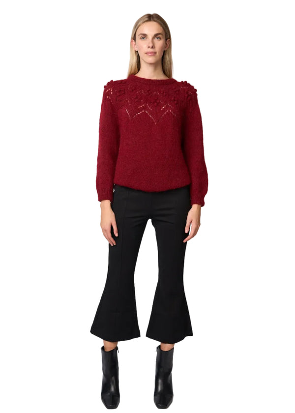 Bobble Pointelle Alpaca Handmade Sweater in Burgundy Solid