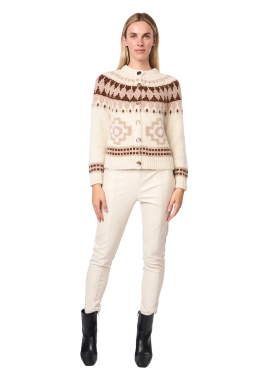 Fair Isle De Sol Alpaca Cardigan Handmade Sweater in Ecru Lilac Combo