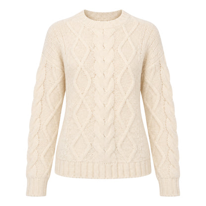 Diamond Cable Knit Alpaca Pullover Handmade Sweater in Ecru Solid