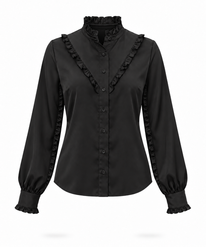 Ruffle Stand Collar Long Sleeve Shirt In Black Solid