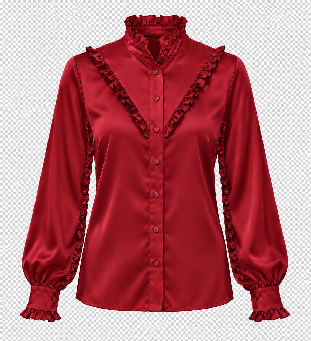 Ruffle Stand Collar Long Sleeve Shirt In Burgundy Solid