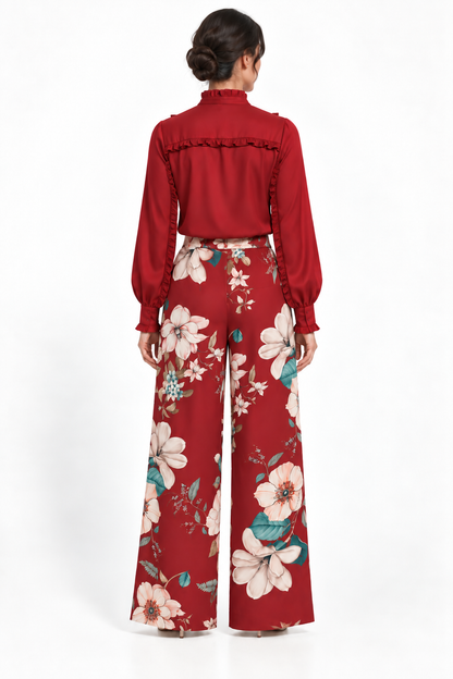 Ruffle Stand Collar Long Sleeve Shirt In Burgundy Solid