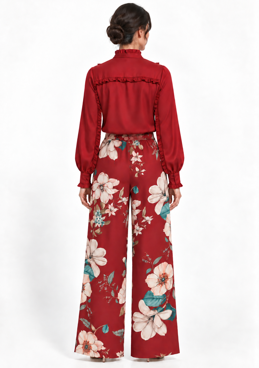 Pleat Dart Detail Pullover Satin Palazzo Wide leg Pants In Burgundy Multi Romantic Floral Print