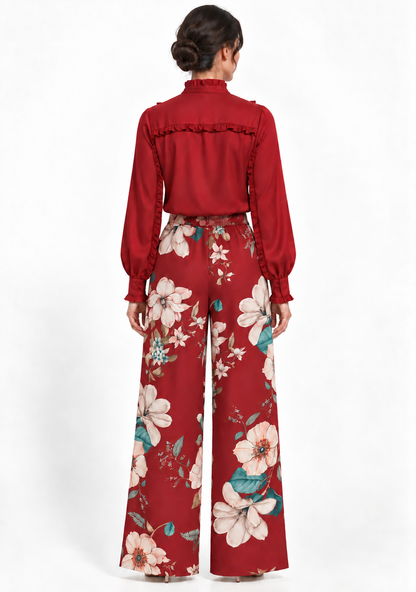 Pleat Dart Detail Pullover Satin Palazzo Wide leg Pants In Burgundy Multi Romantic Floral Print