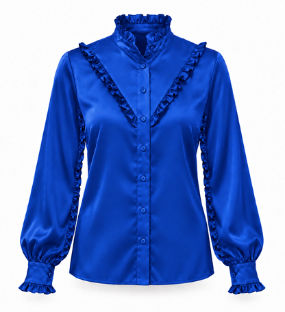 Ruffle Stand Collar Long Sleeve Shirt In Cobalt Solid
