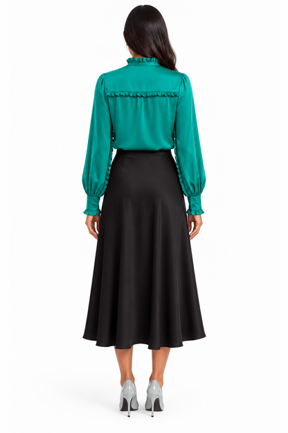 Ruffle Stand Collar Long Sleeve Shirt In Emerald Solid