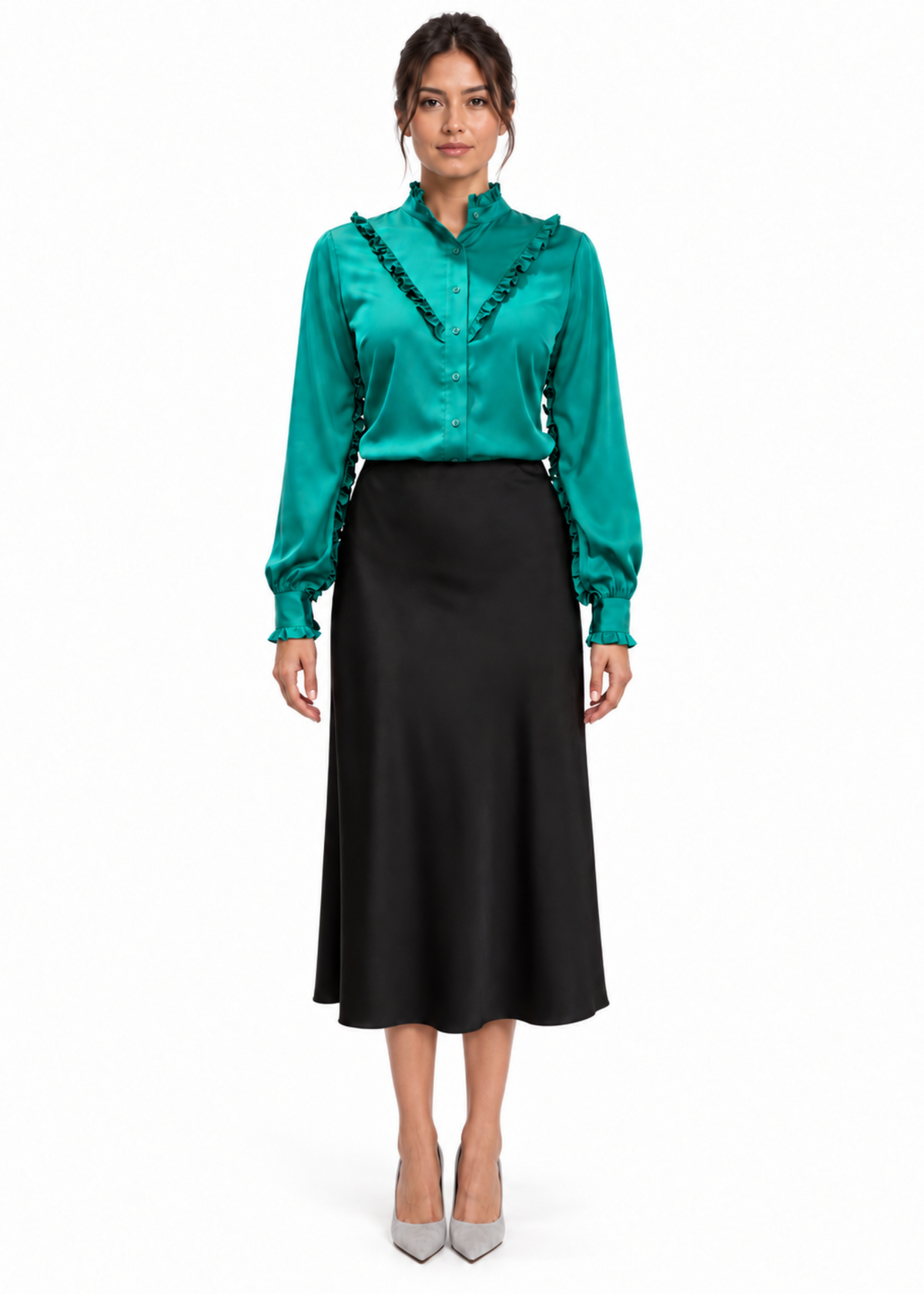 Ruffle Stand Collar Long Sleeve Shirt In Emerald Solid
