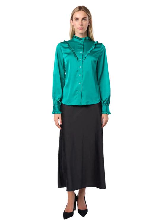 Ruffle Stand Collar Long Sleeve Shirt In Emerald Solid