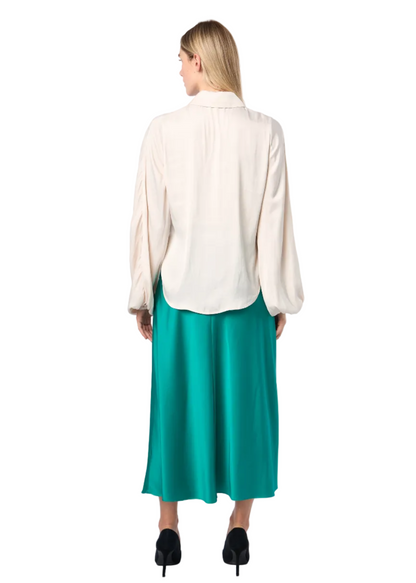 Oversized Balloon Sleeve Button Down Crinkled Satin Shirt W/ Shirttail In Khaki Champagne Solid
