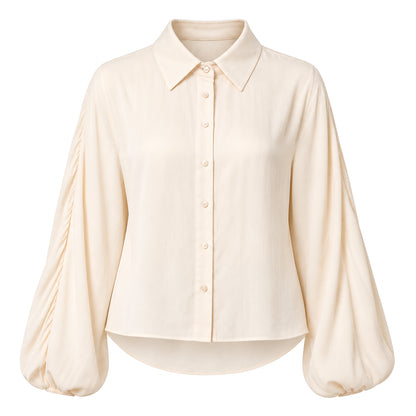 Oversized Balloon Sleeve Button Down Crinkled Satin Shirt W/ Shirttail In Khaki Champagne Solid
