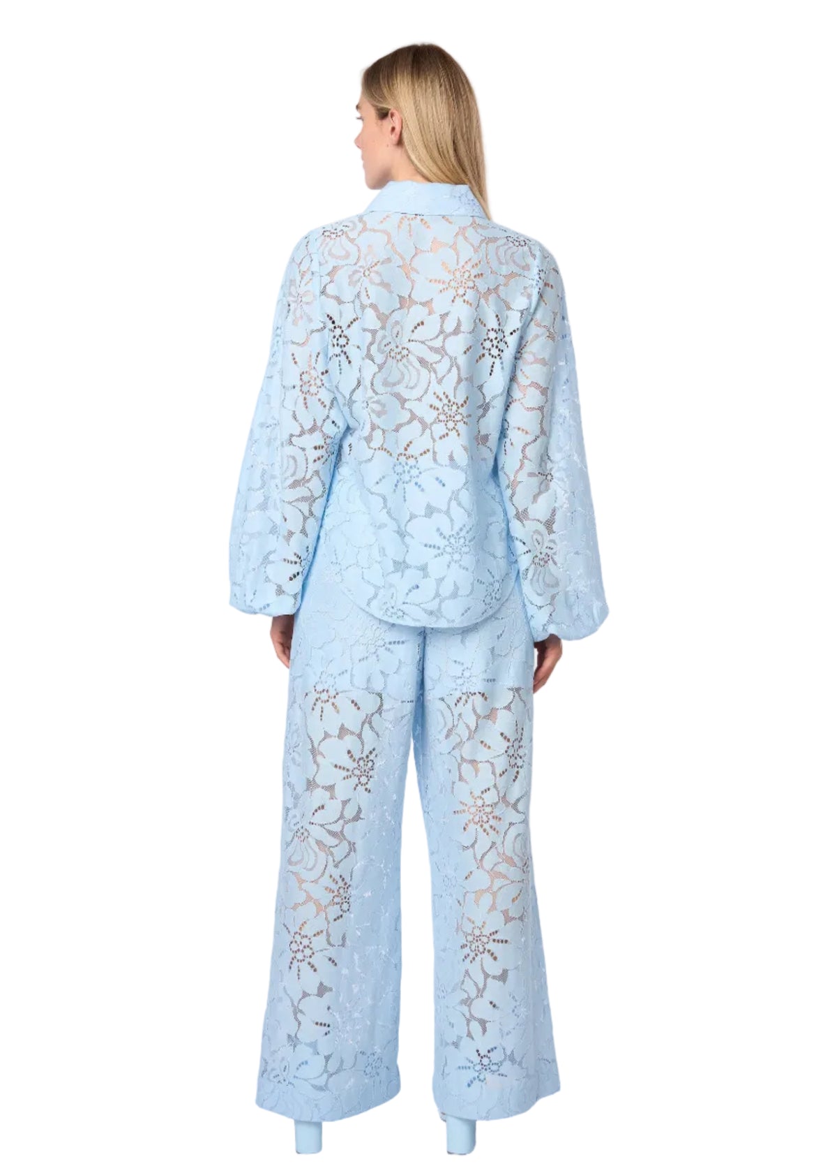 Oversized Balloon Sleeve Button Down Lace Shirt W/ Shirttail In Skyblue Solid