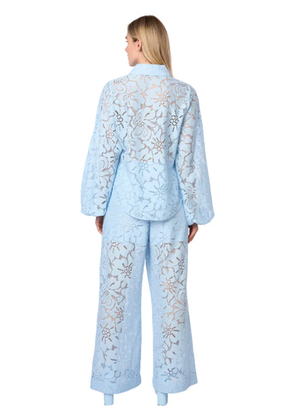Oversized Balloon Sleeve Button Down Lace Shirt W/ Shirttail In Skyblue Solid