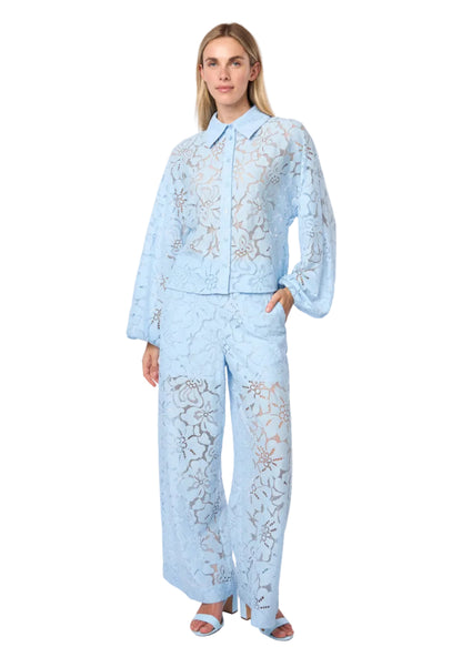 Oversized Balloon Sleeve Button Down Lace Shirt W/ Shirttail In Skyblue Solid