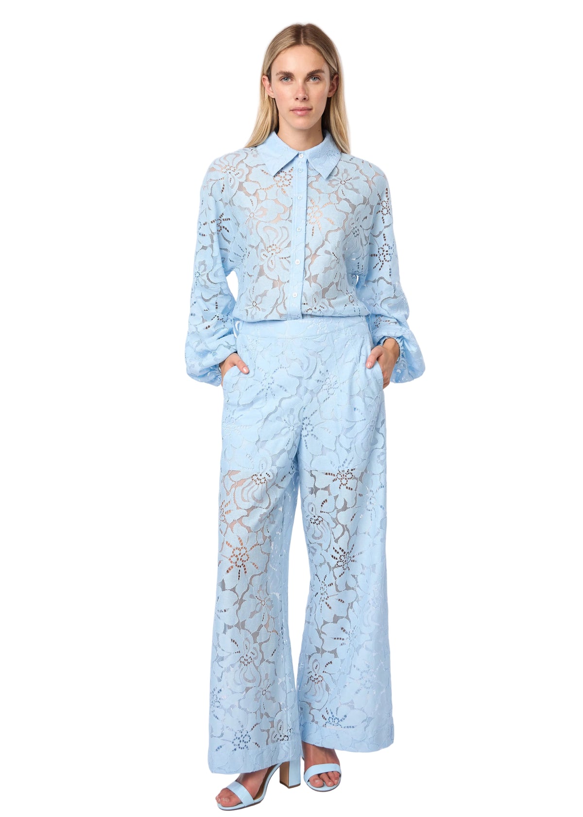 Oversized Balloon Sleeve Button Down Lace Shirt W/ Shirttail In Skyblue Solid