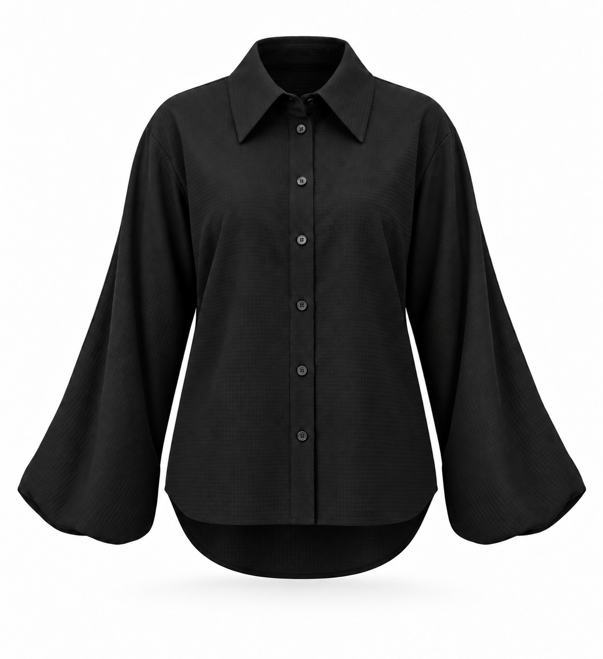 Oversized Balloon Sleeve Striped Satin Jacquard Button Down Shirt W/ Shirttail In Black Solid