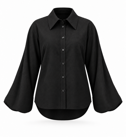 Oversized Balloon Sleeve Striped Satin Jacquard Button Down Shirt W/ Shirttail In Black Solid