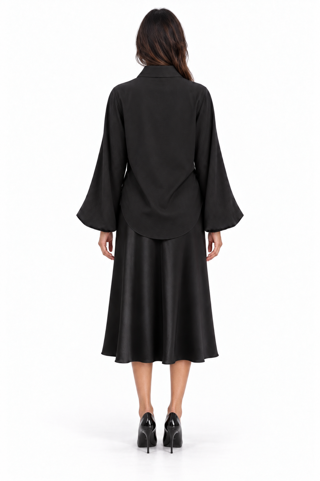 Oversized Balloon Sleeve Striped Satin Jacquard Button Down Shirt W/ Shirttail In Black Solid