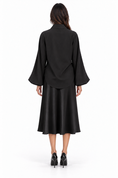 Oversized Balloon Sleeve Striped Satin Jacquard Button Down Shirt W/ Shirttail In Black Solid