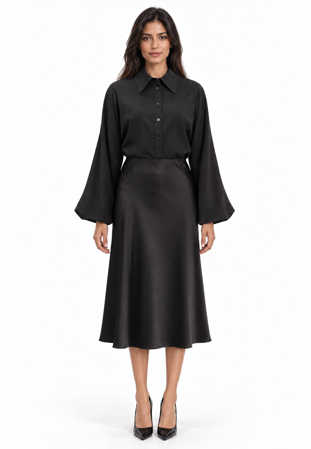 Oversized Balloon Sleeve Striped Satin Jacquard Button Down Shirt W/ Shirttail In Black Solid