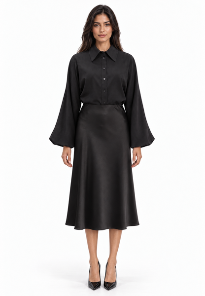 Oversized Balloon Sleeve Striped Satin Jacquard Button Down Shirt W/ Shirttail In Black Solid