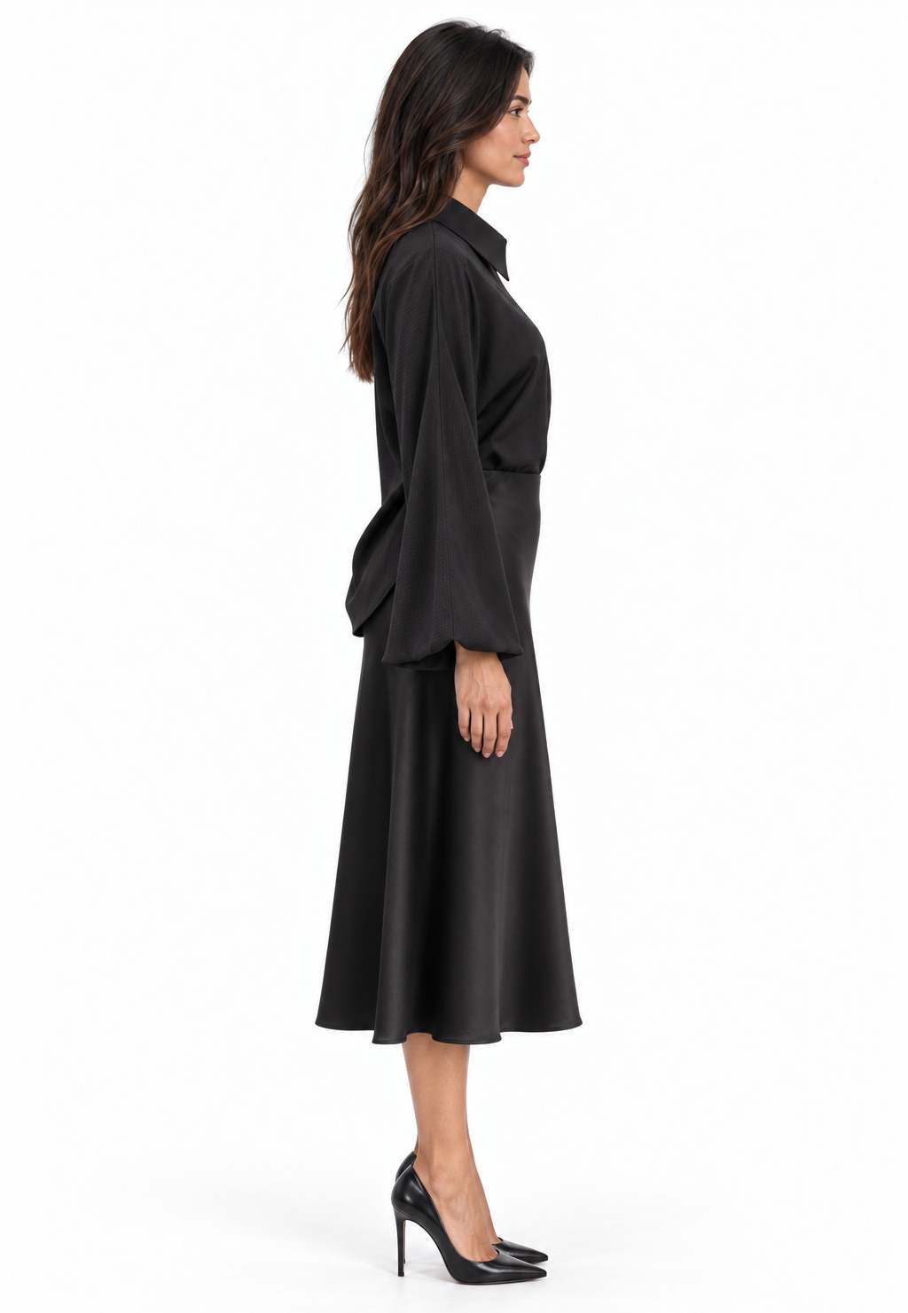 Oversized Balloon Sleeve Striped Satin Jacquard Button Down Shirt W/ Shirttail In Black Solid