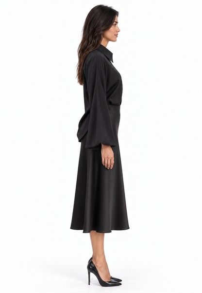 Oversized Balloon Sleeve Striped Satin Jacquard Button Down Shirt W/ Shirttail In Black Solid
