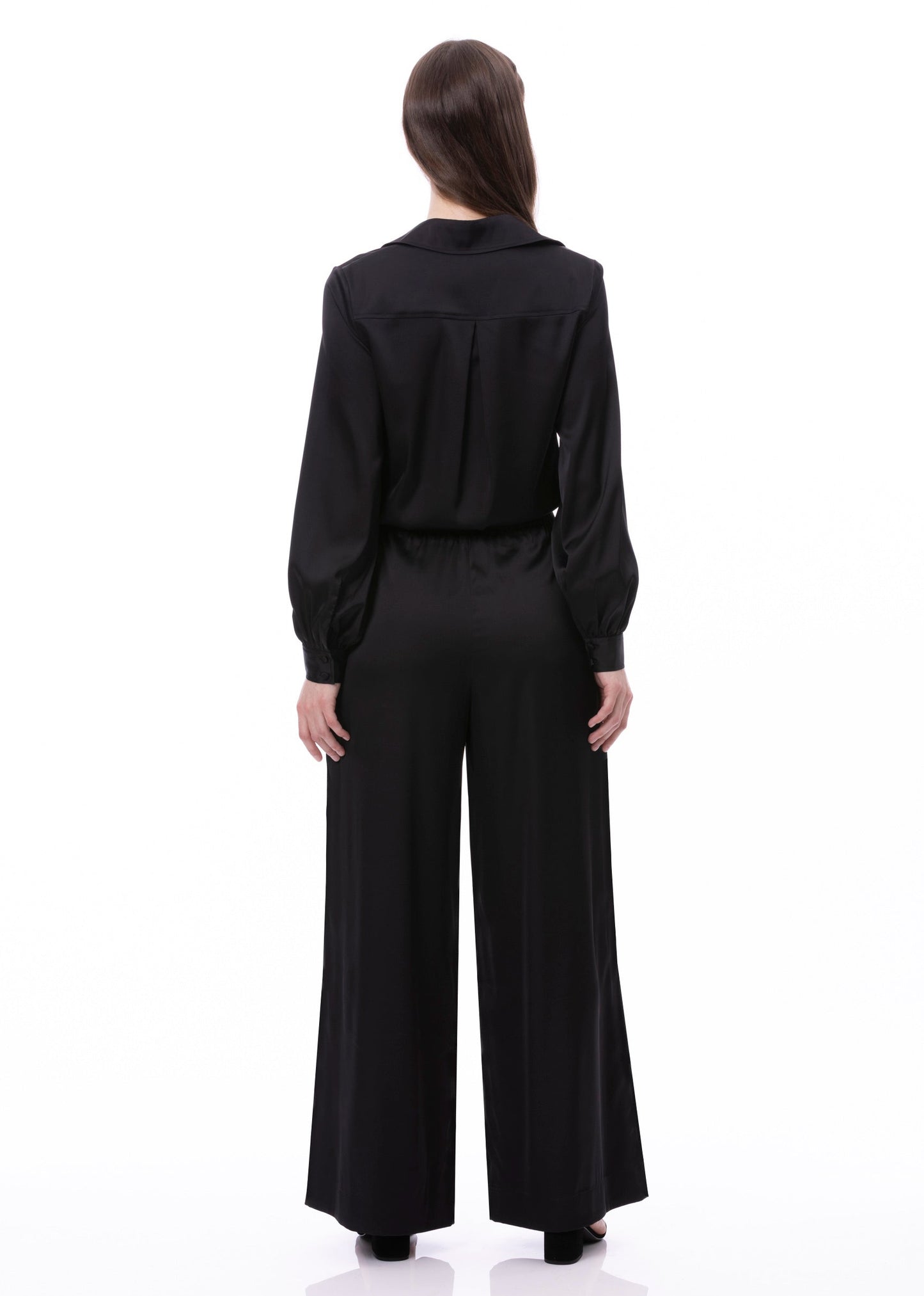 Plissee-Abnäher-Detail Pullover Satin Palazzo Hose mit weitem Bein in Schwarz Uni