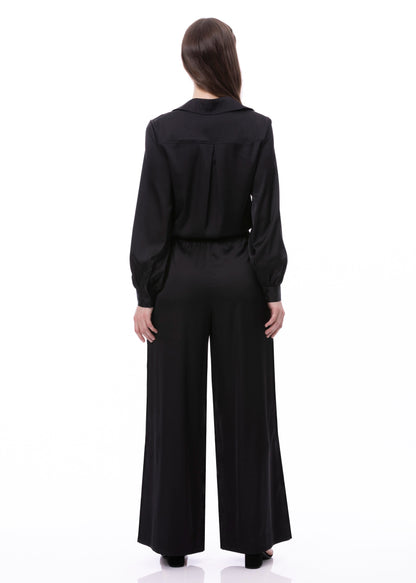 Plissee-Abnäher-Detail Pullover Satin Palazzo Hose mit weitem Bein in Schwarz Uni