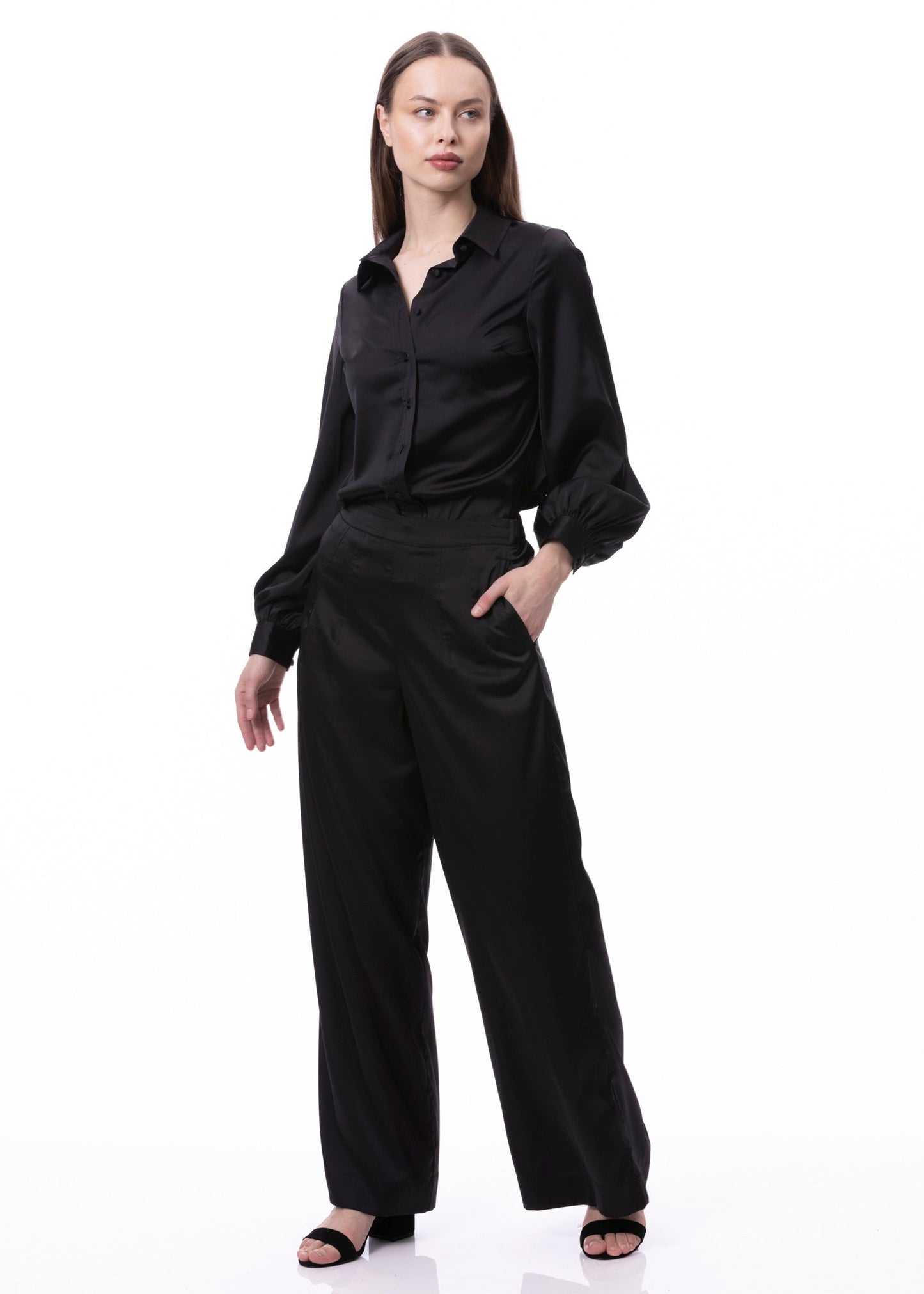 Plissee-Abnäher-Detail Pullover Satin Palazzo Hose mit weitem Bein in Schwarz Uni