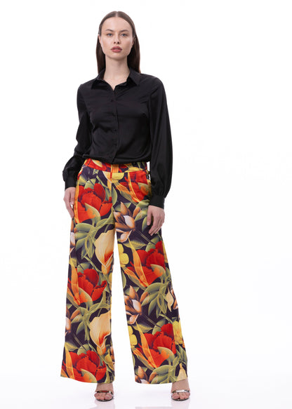 Pleat Dart Detail Pullover Satin Palazzo Wide leg Pants In Digital Floral Print
