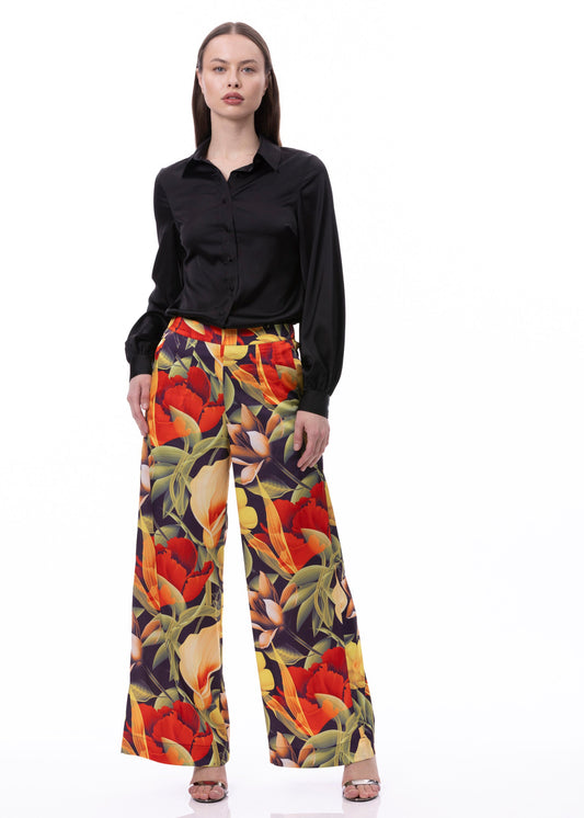 Pleat Dart Detail Pullover Satin Palazzo Wide leg Pants In Digital Floral Print