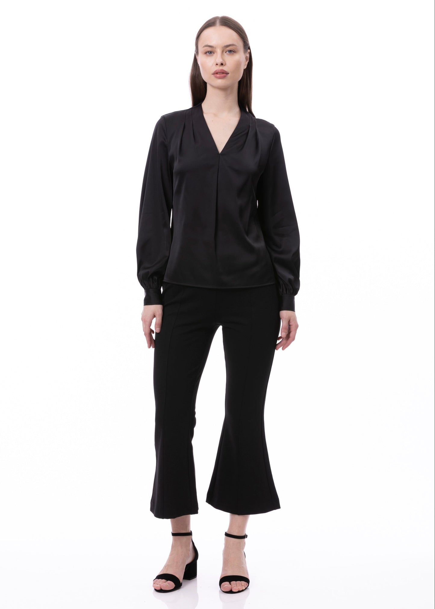 V-neck Pleat Detail Balloon Long Sleeve Blouse In Black Solid