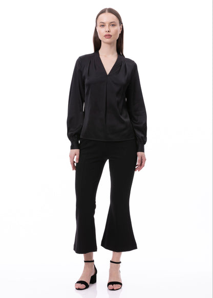 V-neck Pleat Detail Balloon Long Sleeve Blouse In Black Solid