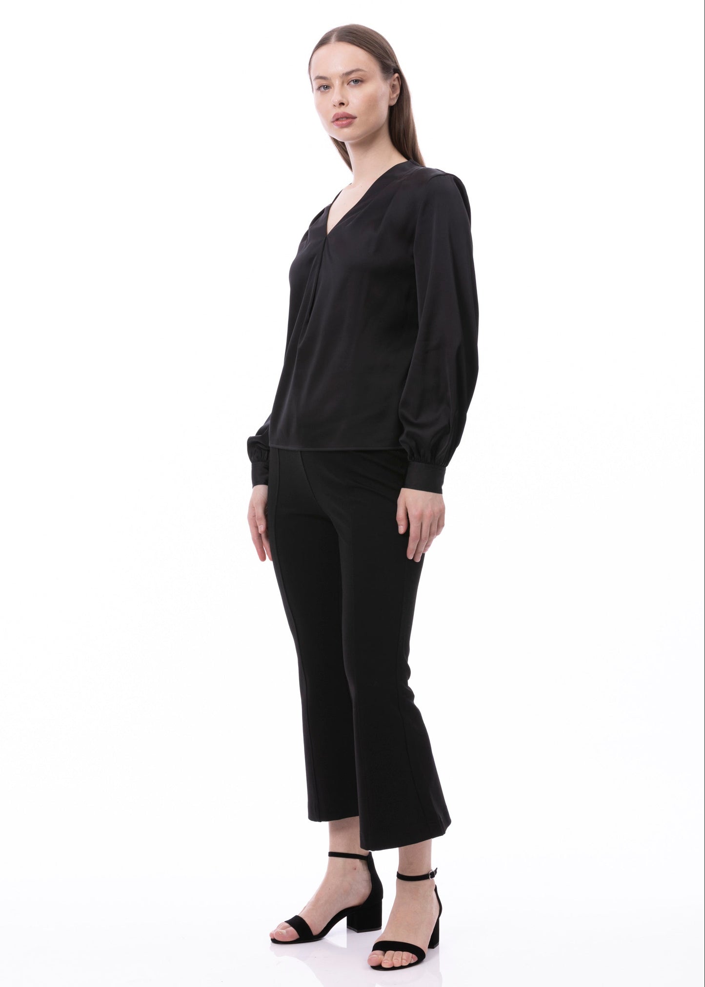 V-neck Pleat Detail Balloon Long Sleeve Blouse In Black Solid